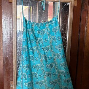 Turquoise print 100% silk halter dress with polyester lining, Size 14.